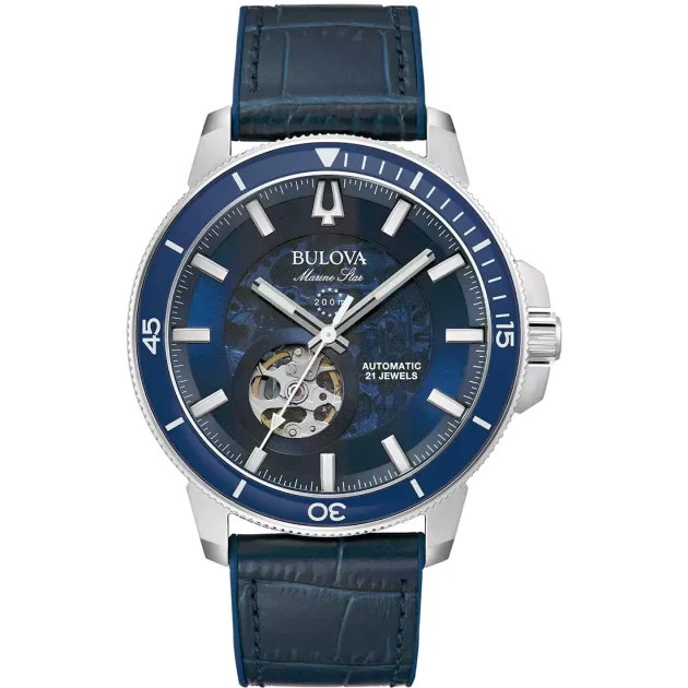 BULOVA Marine Star Auto Blue Leather Strap 96A291
